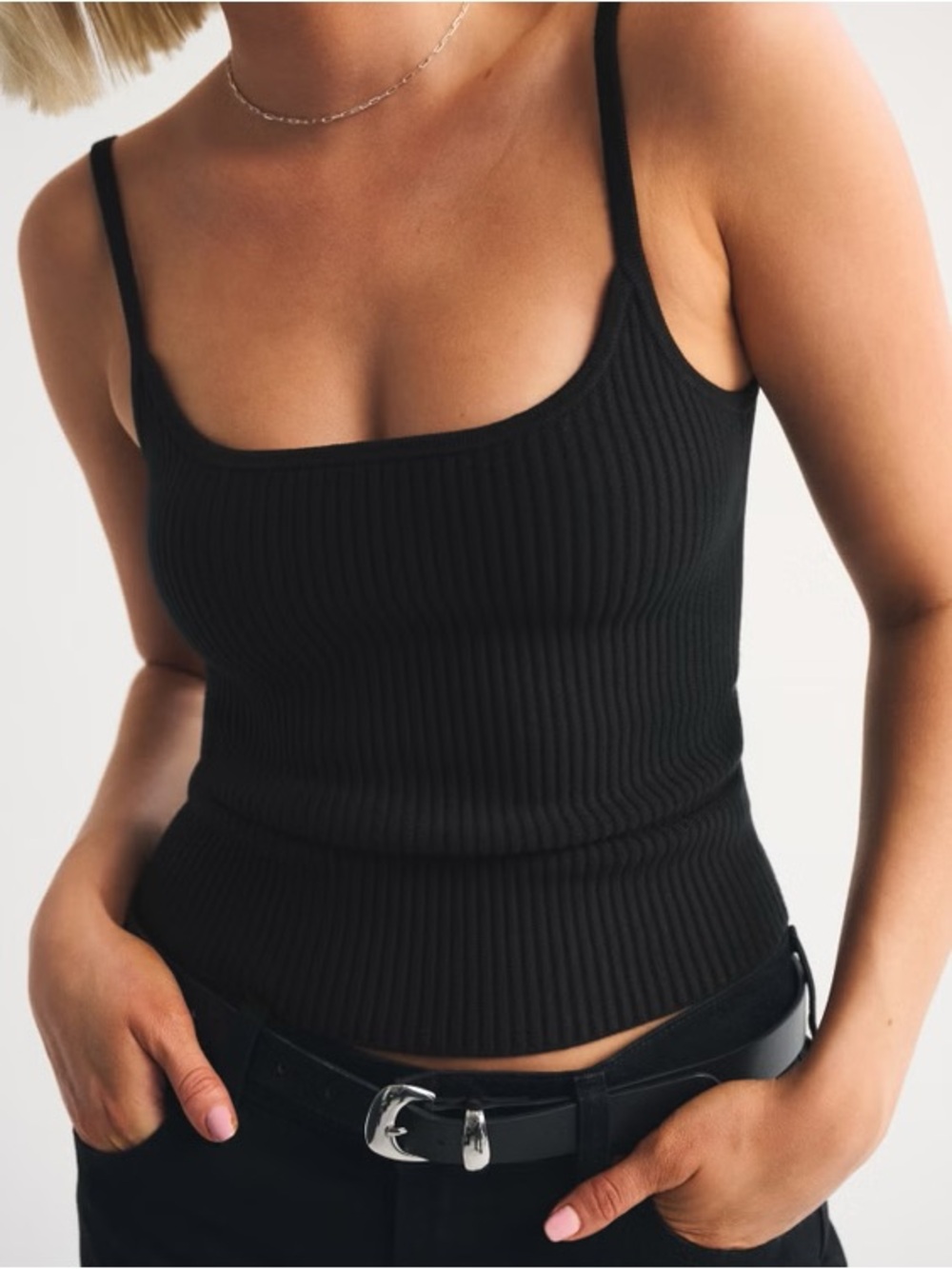 Reversible Black/White Ribbed Knit Square-Neck Tank Top